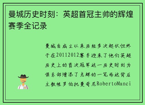 曼城历史时刻：英超首冠主帅的辉煌赛季全记录