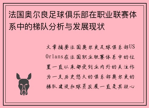法国奥尔良足球俱乐部在职业联赛体系中的梯队分析与发展现状