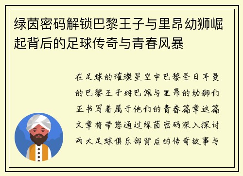 绿茵密码解锁巴黎王子与里昂幼狮崛起背后的足球传奇与青春风暴