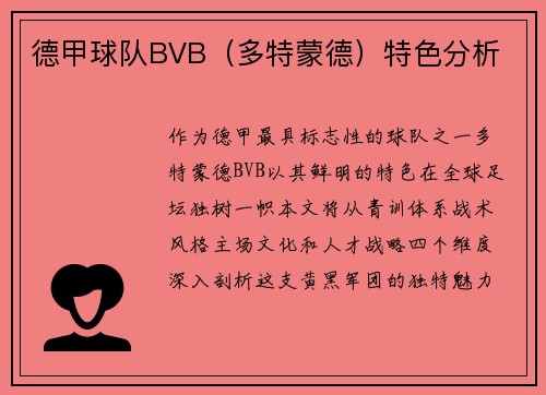 德甲球队BVB（多特蒙德）特色分析