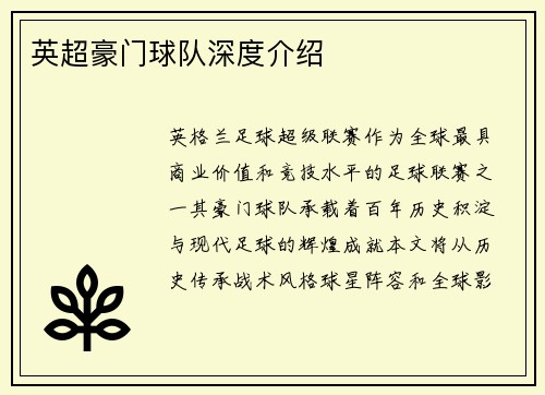 英超豪门球队深度介绍